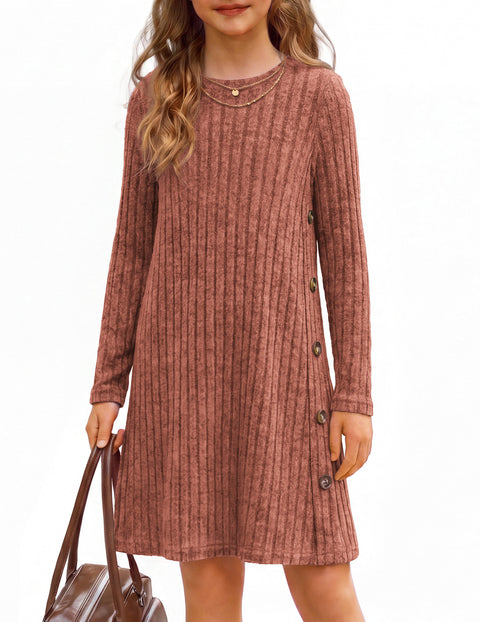 Girls Long Sleeve A-Line Dress Crew Neck Button Detail Pullover Casual Dress - Orange
