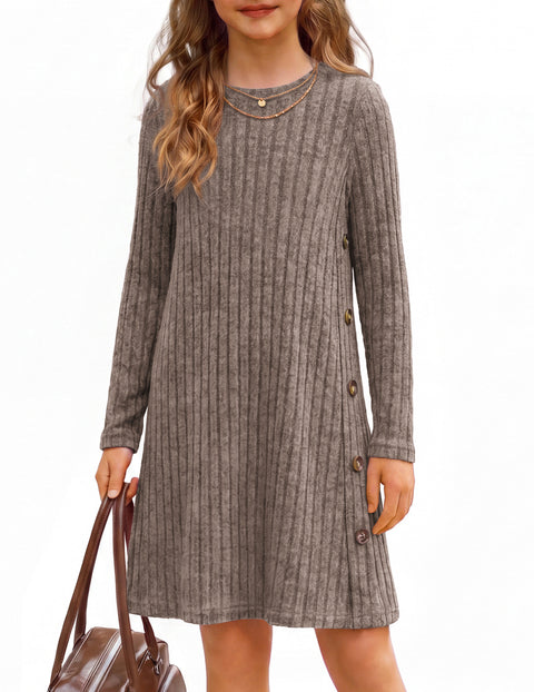 Girls Long Sleeve A-Line Dress Crew Neck Button Detail Pullover Casual Dress - Brown