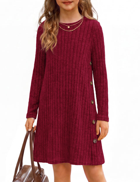 Girls Long Sleeve A-Line Dress Crew Neck Button Detail Pullover Casual Dress - Wine Red