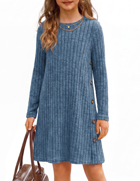 Girls Long Sleeve A-Line Dress Crew Neck Button Detail Pullover Casual Dress - Navy Blue