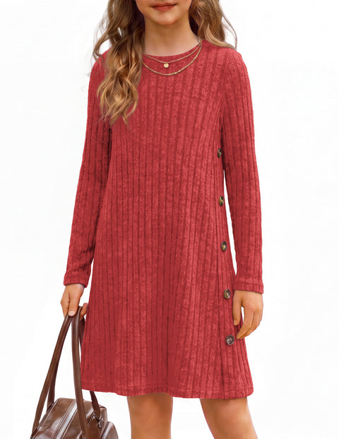 Girls Long Sleeve A-Line Dress Crew Neck Button Detail Pullover Casual Dress - Red
