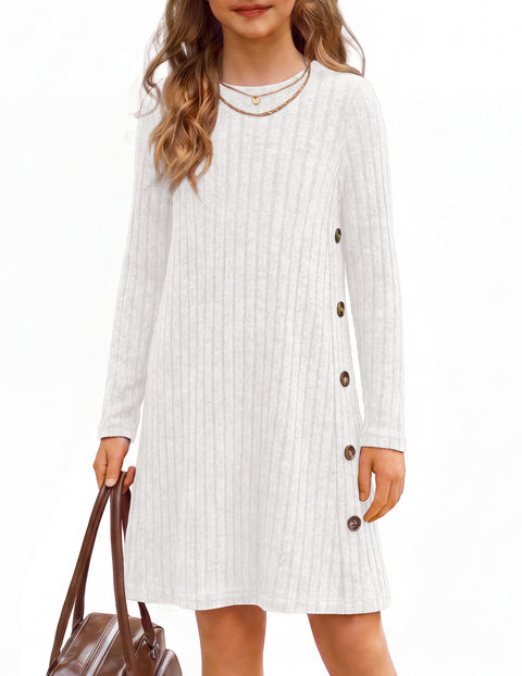 Girls Long Sleeve A-Line Dress Crew Neck Button Detail Pullover Casual Dress - White