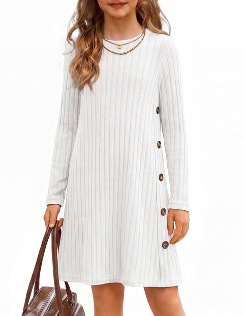 Girls Long Sleeve A-Line Dress Crew Neck Button Detail Pullover Casual Dress - White