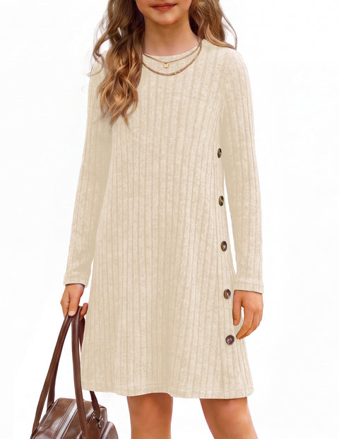 Girls Long Sleeve A-Line Dress Crew Neck Button Detail Pullover Casual Dress - Beige