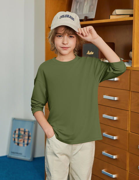 Boys Long Sleeve Crewneck T-Shirt Drop Shoulder Loose Basic Tee - Army Green