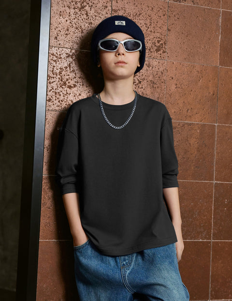 Boys Long Sleeve Crewneck T-Shirt Drop Shoulder Loose Basic Tee - Black