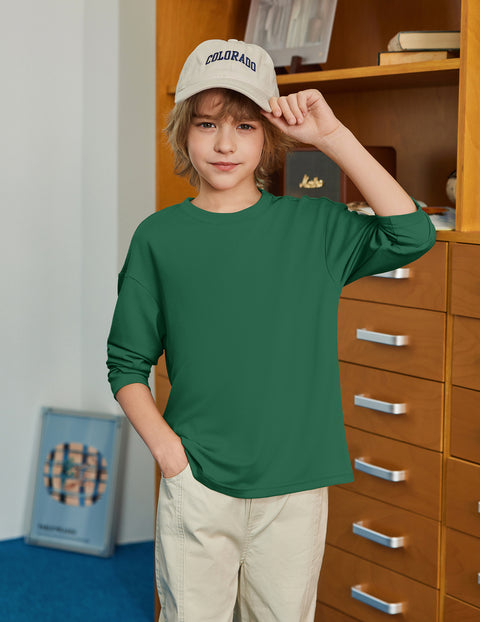Boys Long Sleeve Crewneck T-Shirt Drop Shoulder Loose Basic Tee - Green