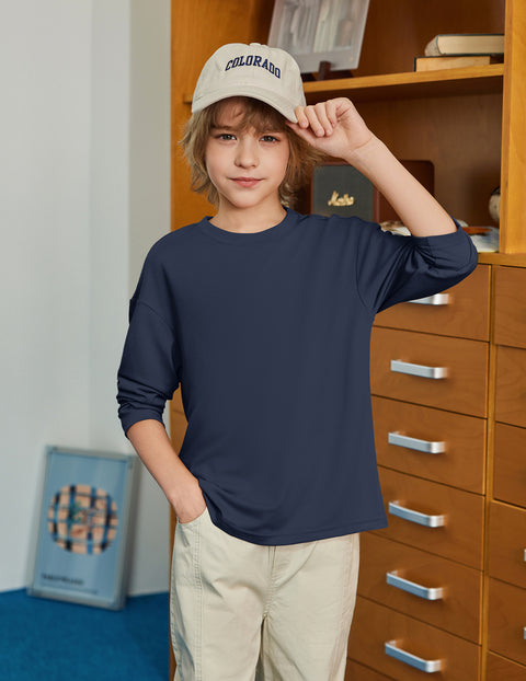 Boys Long Sleeve Crewneck T-Shirt Drop Shoulder Loose Basic Tee - Navy Blue