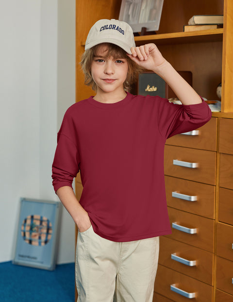 Boys Long Sleeve Crewneck T-Shirt Drop Shoulder Loose Basic Tee - Burgundy