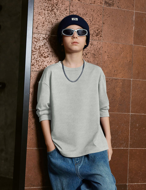 Boys Long Sleeve Crewneck T-Shirt Drop Shoulder Loose Basic Tee - Heather Grey