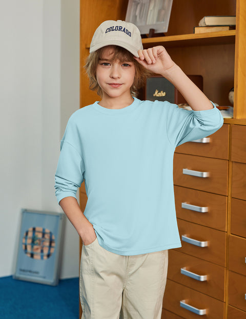 Boys Long Sleeve Crewneck T-Shirt Drop Shoulder Loose Basic Tee - Pale Blue