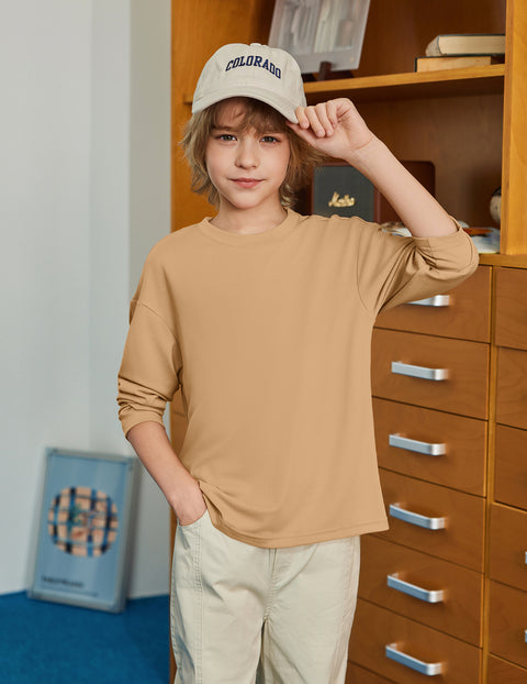 Boys Long Sleeve Crewneck T-Shirt Drop Shoulder Loose Basic Tee - Deep Khaki