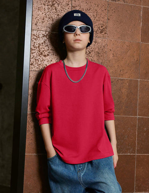 Boys Long Sleeve Crewneck T-Shirt Drop Shoulder Loose Basic Tee - Red