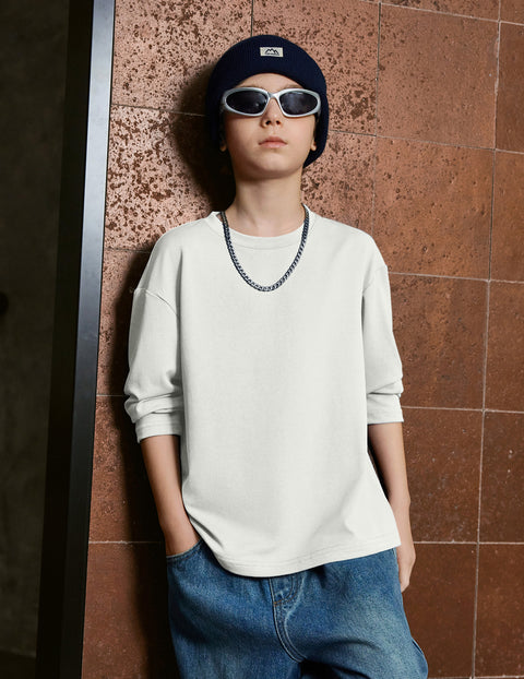 Boys Long Sleeve Crewneck T-Shirt Drop Shoulder Loose Basic Tee - White