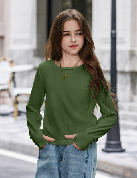 Girls Waffle Knit Long Sleeve Crewneck Top with Thumb Holes - Army Green