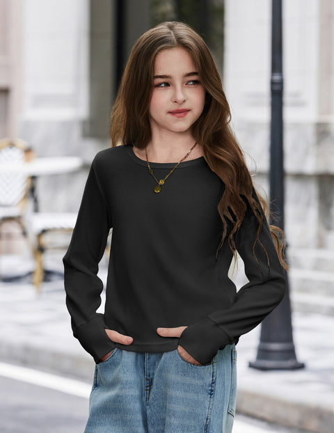 Girls Waffle Knit Long Sleeve Crewneck Top with Thumb Holes - Black