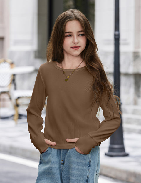 Girls Waffle Knit Long Sleeve Crewneck Top with Thumb Holes - Brown