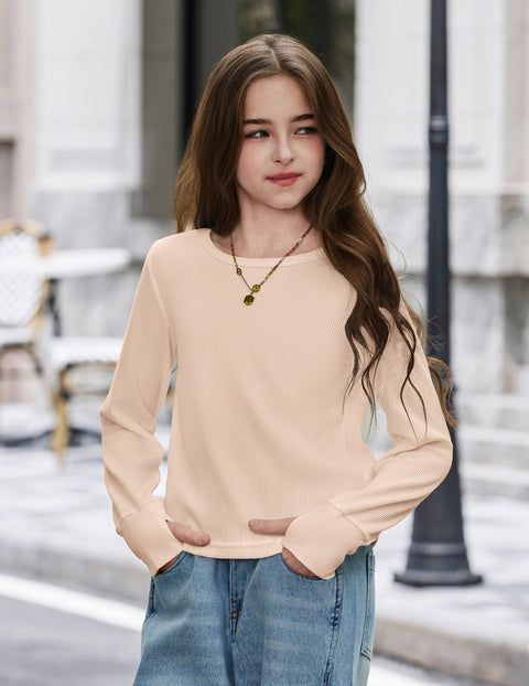Girls Waffle Knit Long Sleeve Crewneck Top with Thumb Holes - Khaki