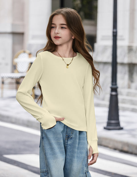 Girls Waffle Knit Long Sleeve Crewneck Top with Thumb Holes - Beige