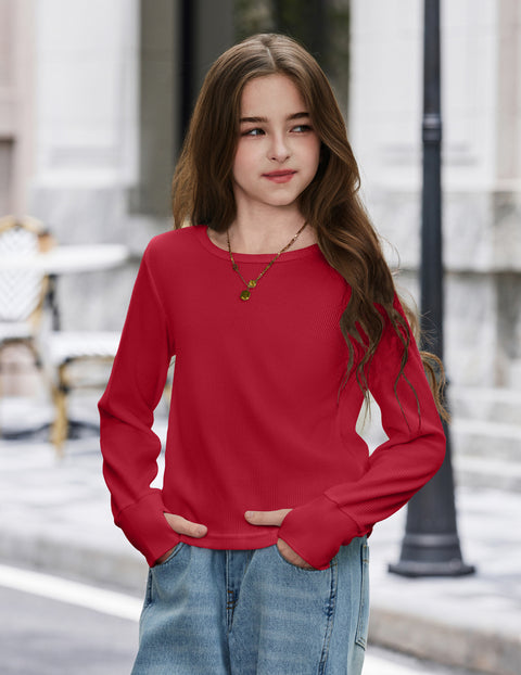 Girls Waffle Knit Long Sleeve Crewneck Top with Thumb Holes - Red
