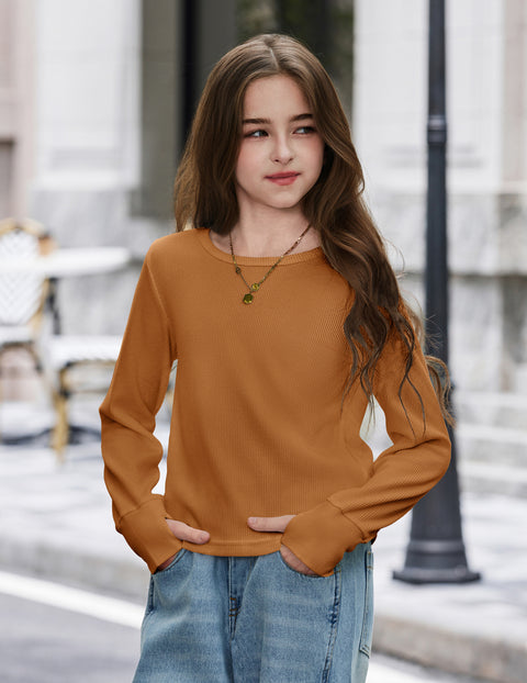 Girls Waffle Knit Long Sleeve Crewneck Top with Thumb Holes - Caramel