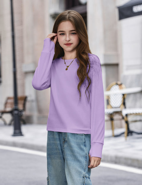 Girls Waffle Knit Long Sleeve Crewneck Top with Thumb Holes - Purple