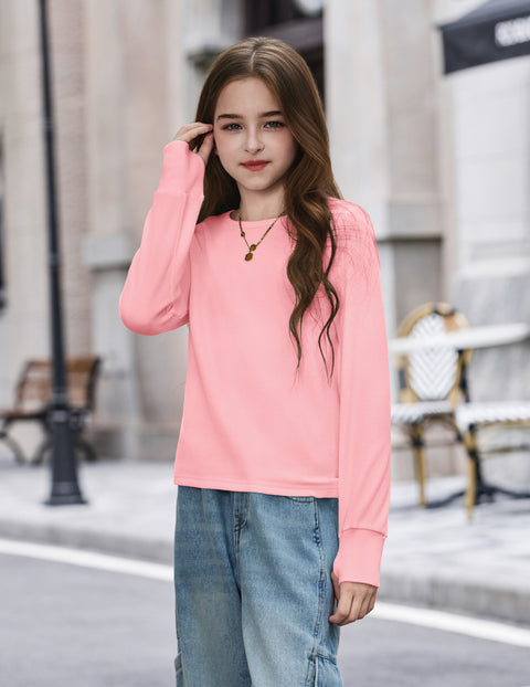 Girls Waffle Knit Long Sleeve Crewneck Top with Thumb Holes - Pink