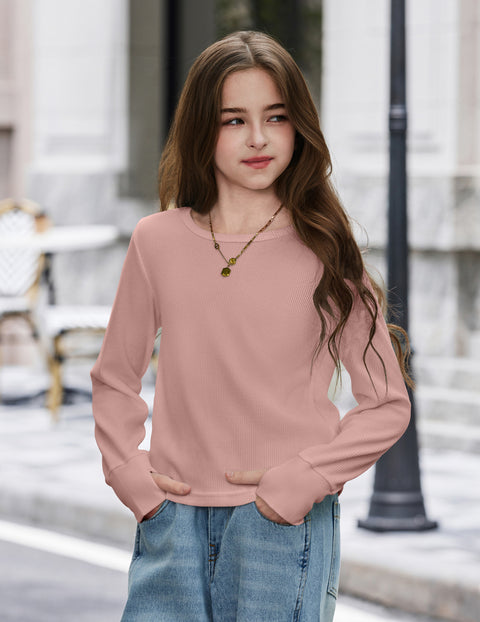 Girls Waffle Knit Long Sleeve Crewneck Top with Thumb Holes - Dusty Pink