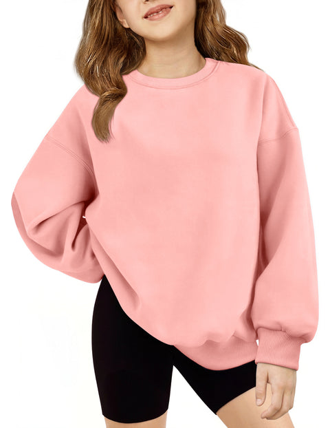 Girls Oversized Crewneck Sweatshirt Fleece Lined Drop Shoulder Pullover - Light Pink