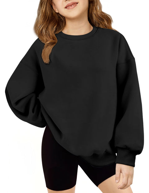 Girls Oversized Crewneck Sweatshirt Fleece Lined Drop Shoulder Pullover - Black