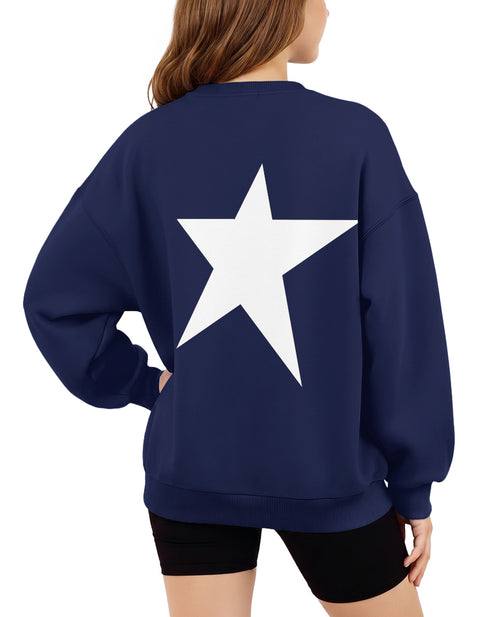 Girls Oversized Crewneck Sweatshirt Fleece Lined Drop Shoulder Pullover - Navy Blue Star