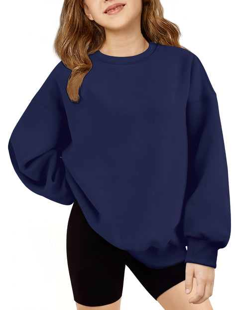 Girls Oversized Crewneck Sweatshirt Fleece Lined Drop Shoulder Pullover - Navy Blue Star