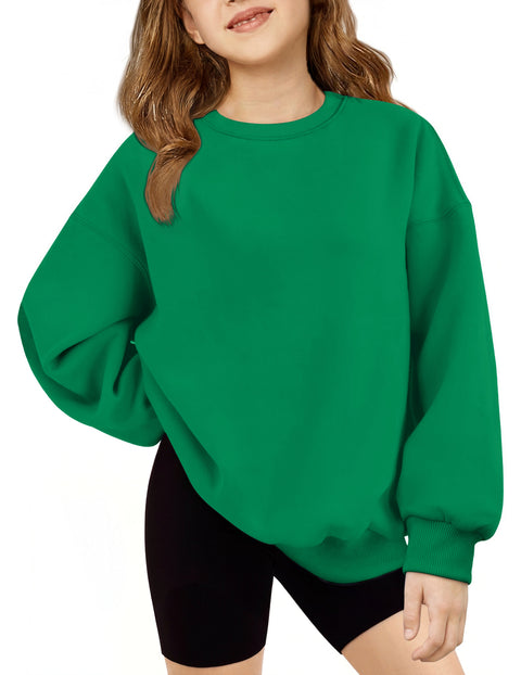 Girls Oversized Crewneck Sweatshirt Fleece Lined Drop Shoulder Pullover - Green