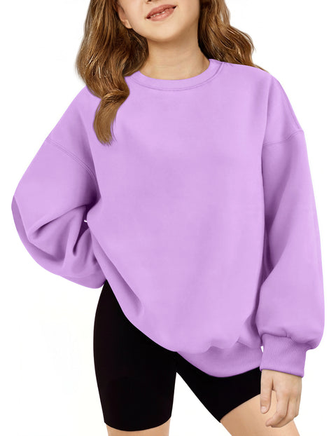 Girls Oversized Crewneck Sweatshirt Fleece Lined Drop Shoulder Pullover - Purple