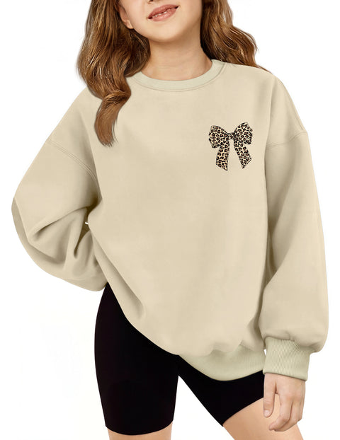 Girls Oversized Crewneck Sweatshirt Fleece Lined Drop Shoulder Pullover - Beige Bow