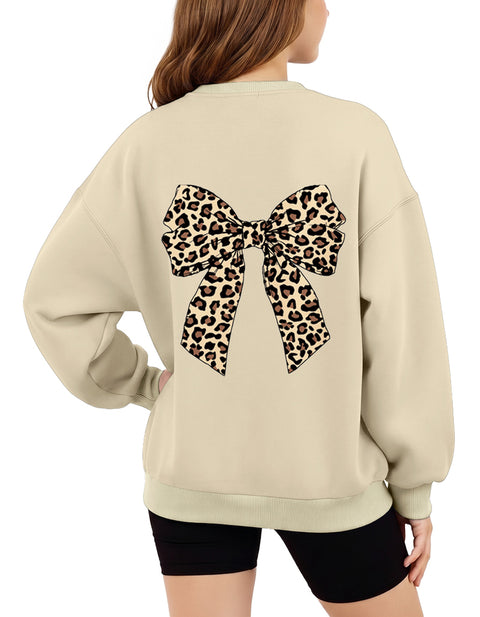 Girls Oversized Crewneck Sweatshirt Fleece Lined Drop Shoulder Pullover - Beige Bow