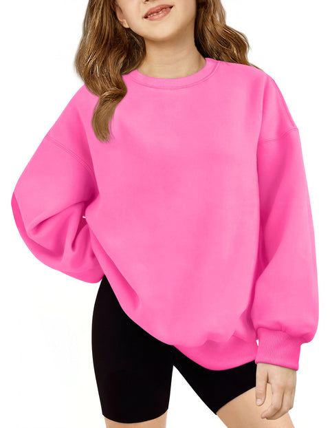 Girls Oversized Crewneck Sweatshirt Fleece Lined Drop Shoulder Pullover - Pink