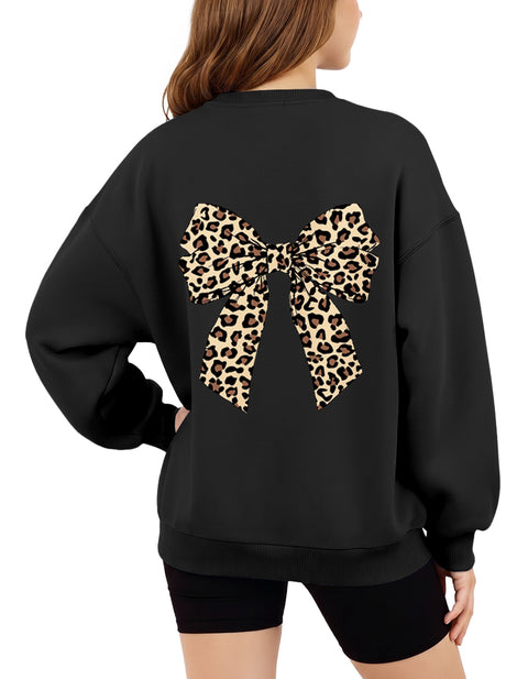 Girls Oversized Crewneck Sweatshirt Fleece Lined Drop Shoulder Pullover - Black Bow