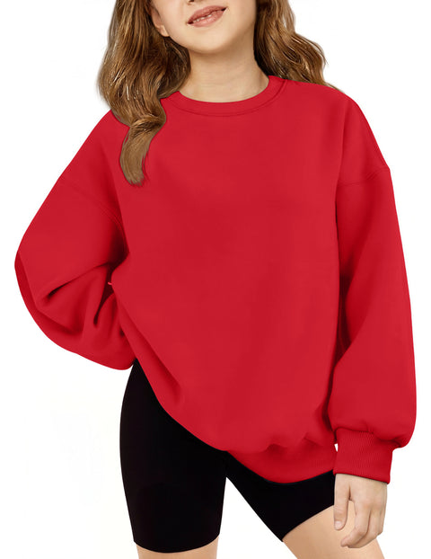 Girls Oversized Crewneck Sweatshirt Fleece Lined Drop Shoulder Pullover - Red