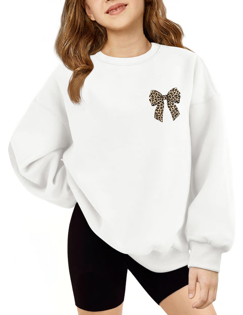 Girls Oversized Crewneck Sweatshirt Fleece Lined Drop Shoulder Pullover - White Bow