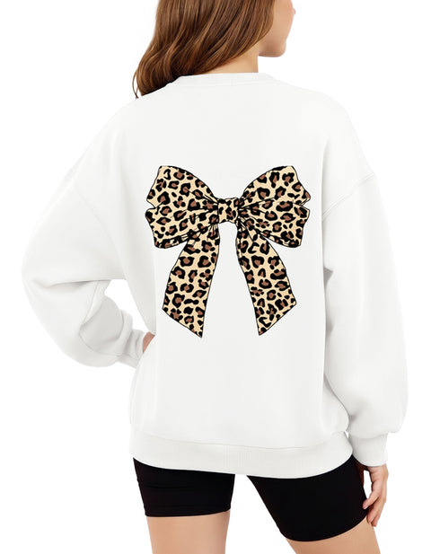 Girls Oversized Crewneck Sweatshirt Fleece Lined Drop Shoulder Pullover - White Bow