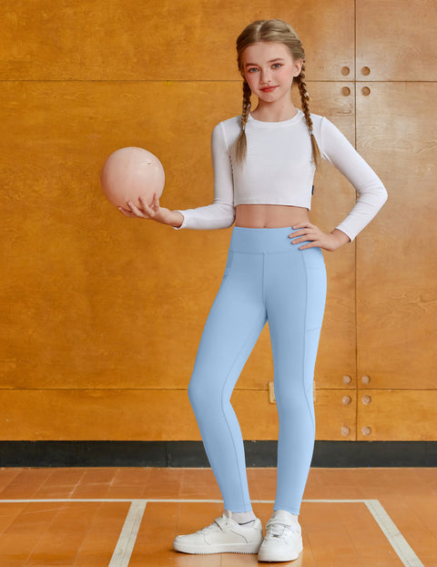 Girls Fleece Lined Leggings with Pockets High Waisted Water Resistant Yoga Pants - Blue