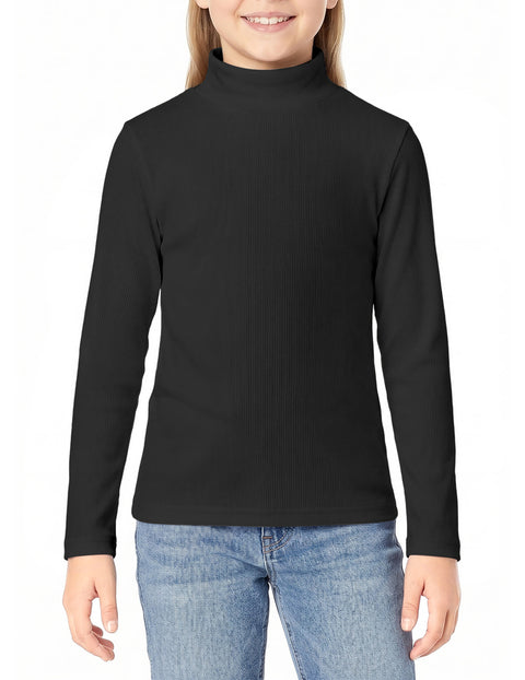 Girls Mock Turtleneck Long Sleeve Ribbed Knit Top Stretchy Layering Shirt - Black