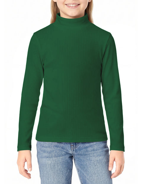 Girls Mock Turtleneck Long Sleeve Ribbed Knit Top Stretchy Layering Shirt - Green