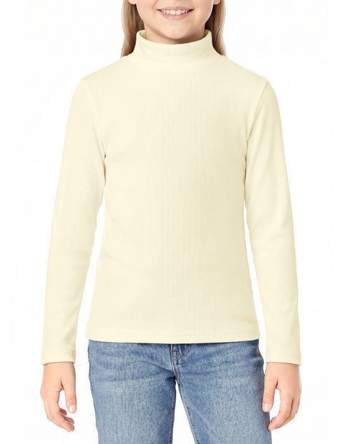 Girls Mock Turtleneck Long Sleeve Ribbed Knit Top Stretchy Layering Shirt - Beige