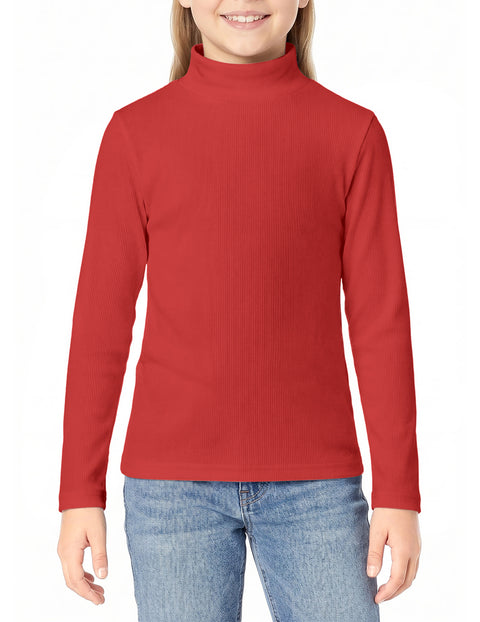 Girls Mock Turtleneck Long Sleeve Ribbed Knit Top Stretchy Layering Shirt - Red