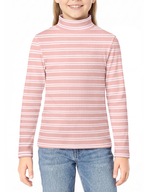 Girls Mock Turtleneck Long Sleeve Ribbed Knit Top Stretchy Layering Shirt - Stripes-pink&white