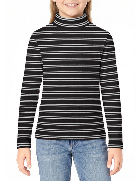 Girls Mock Turtleneck Long Sleeve Ribbed Knit Top Stretchy Layering Shirt - Stripes-black&white