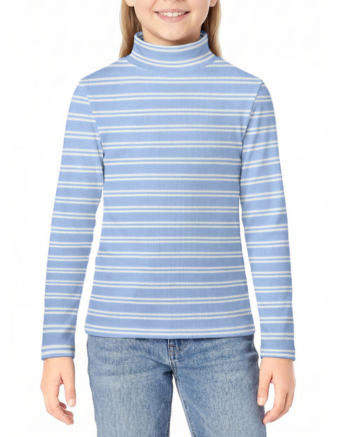 Girls Mock Turtleneck Long Sleeve Ribbed Knit Top Stretchy Layering Shirt - Stripes-blue&white