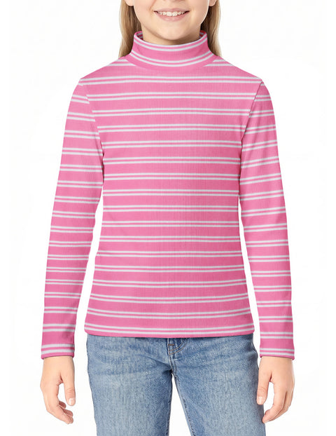 Girls Mock Turtleneck Long Sleeve Ribbed Knit Top Stretchy Layering Shirt - Stripes-peach&white